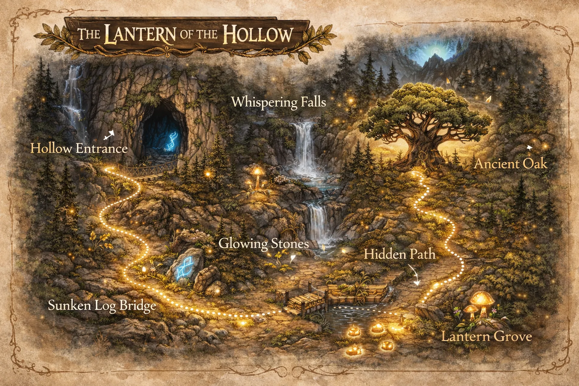 Lanternwood story map showing Lumi's journey through glowing paths, forests, and story locations