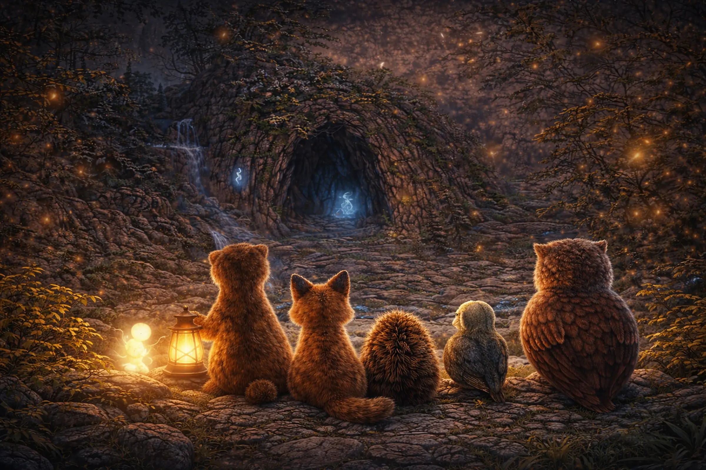 Lumi and friends looking into a glowing cave